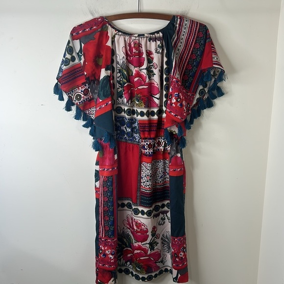 ANTHROPOLOGIE VANESSA VIRGINIA Persian Red Rose Patchwork Tassel Dress Size XS - Picture 4 of 16